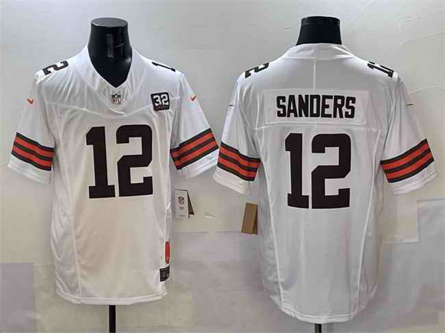 Men's Cleveland Browns #12 Shedeur Sanders White 2025 Draft F.U.S.E. With Jim Brown Memorial & Home Patch Vapor Limited Stitched Football Jersey
